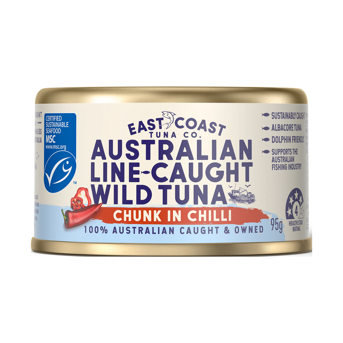 East Coast Tuna Co Australian Line-Caught Wild Tuna Chunks in Chilli 95g single tin; choose pack quantity separately