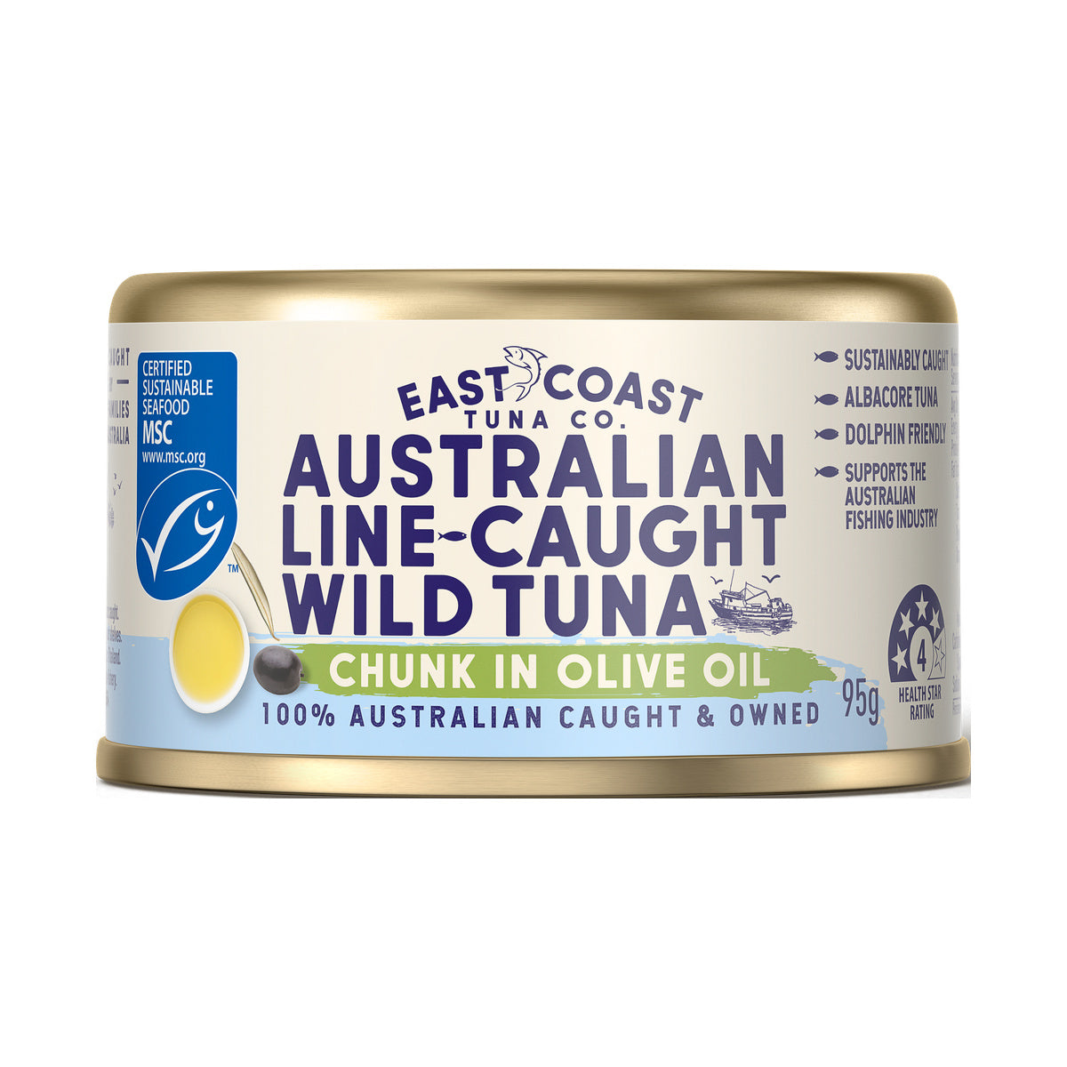 East Coast Tuna Co Australian Line-Caught Wild Tuna Chunks in Olive Oil 95g single tin; choose pack quantity separately