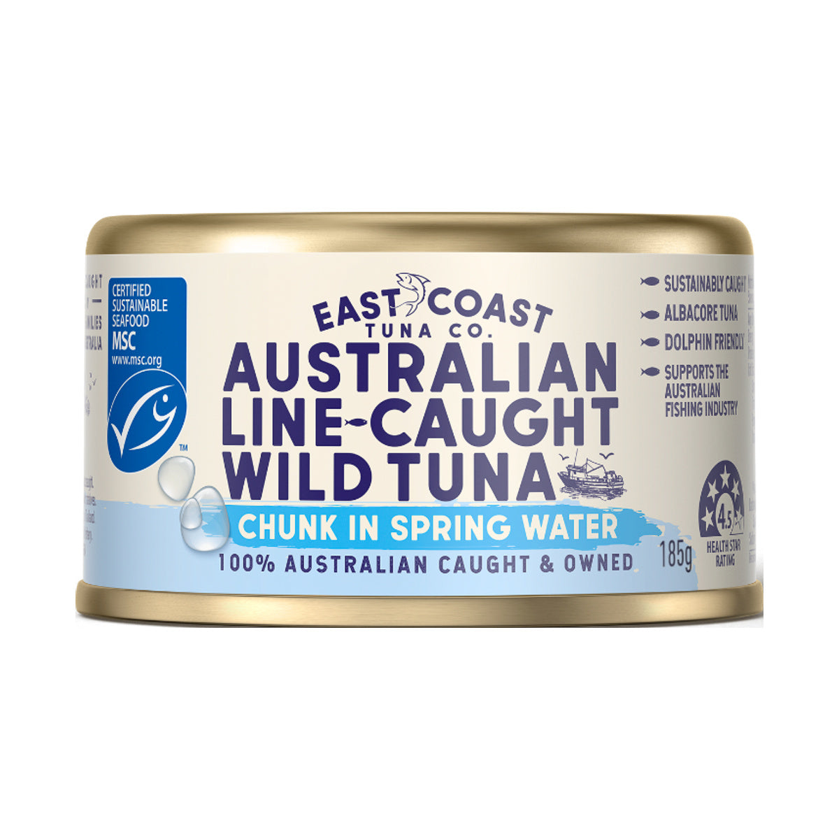 East Coast Tuna Co Australian Line-Caught Wild Tuna Chunks in Spring Water 185g single tin; choose pack quantity separately