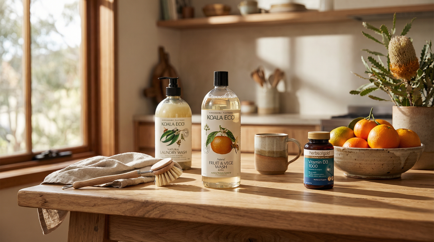 Eco Traders wellness, pantry and low-tox essentials on a home kitchen bench