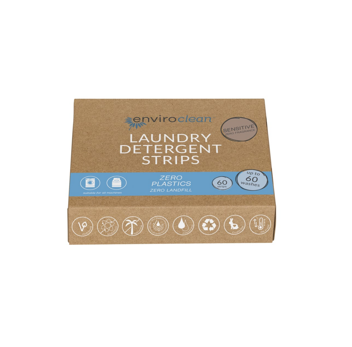 EnviroClean sensitive laundry detergent strips packaging, eco-friendly, hypoallergenic, 60 washes, zero plastics.