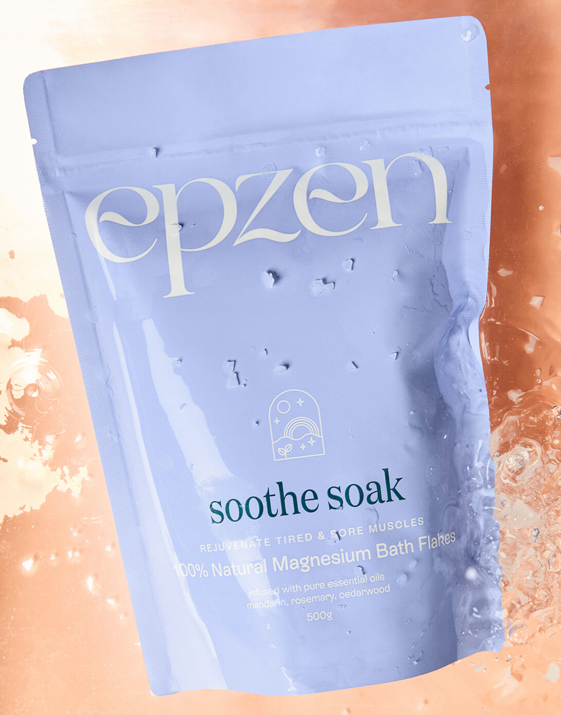 Epzen Soothe Soak magnesium bath flakes pouch in a bathroom setting