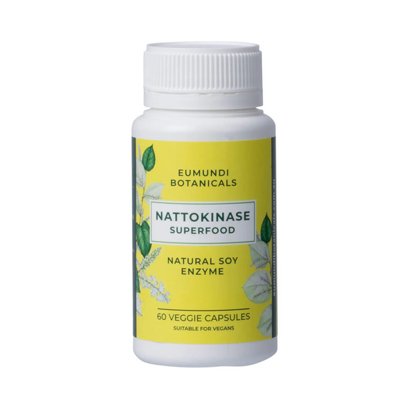 Eumundi Botanicals Nattokinase Natural Soy Enzyme 60 caps for healthy circulation, vegan-friendly supplement.