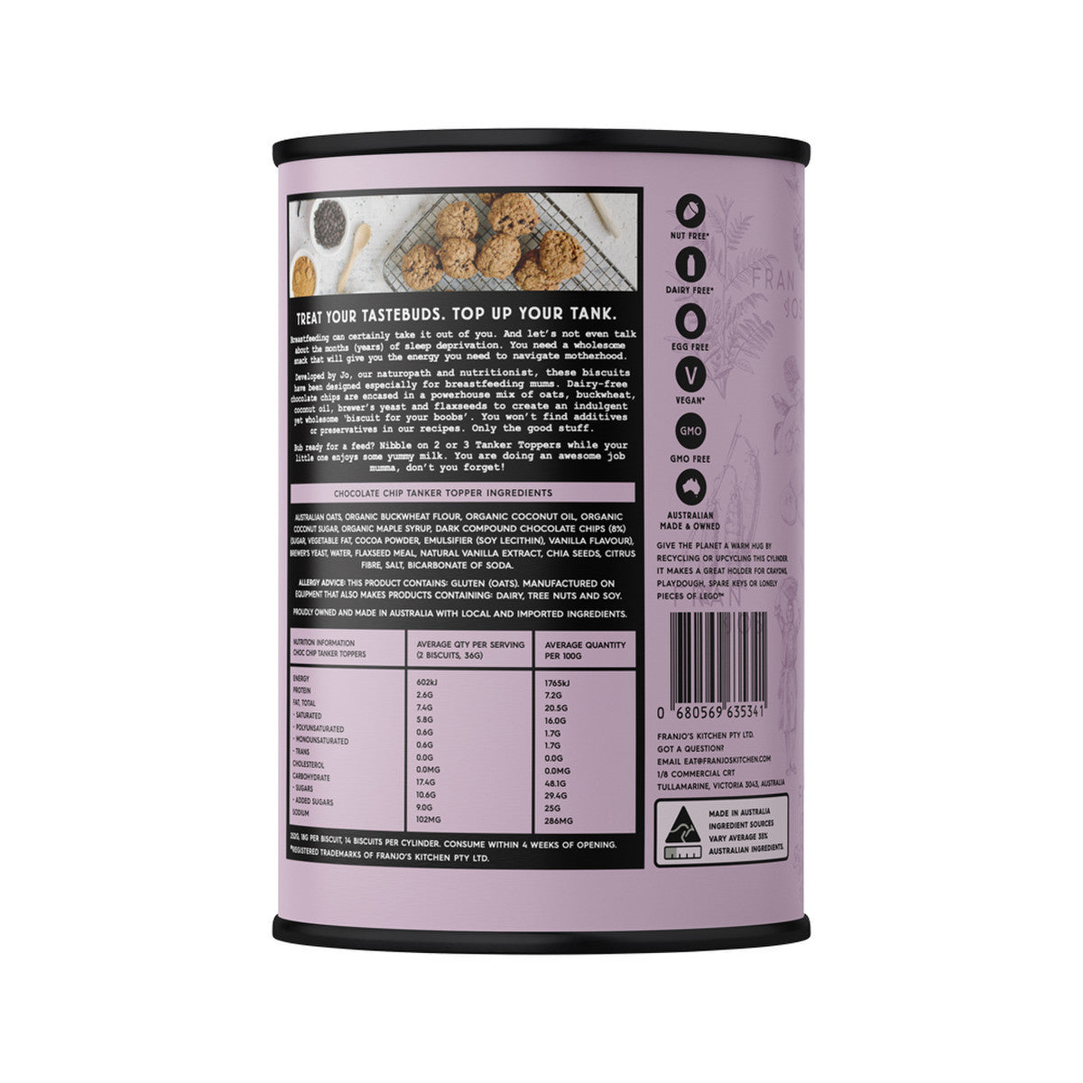 Franjos Kitchen Lactation Biscuits Choc Chip Tanker Topper 250g