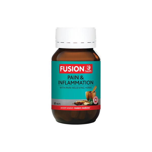 Fusion Health Pain & Inflammation 60 Tablets bottle for joint comfort and muscle recovery.