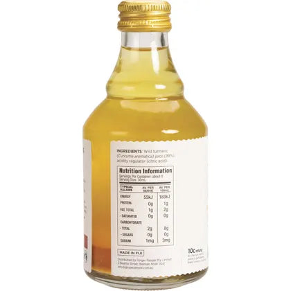 Ginger People Turmeric Juice 99% in a bottle showcasing ingredient and nutrition information, 237ml.