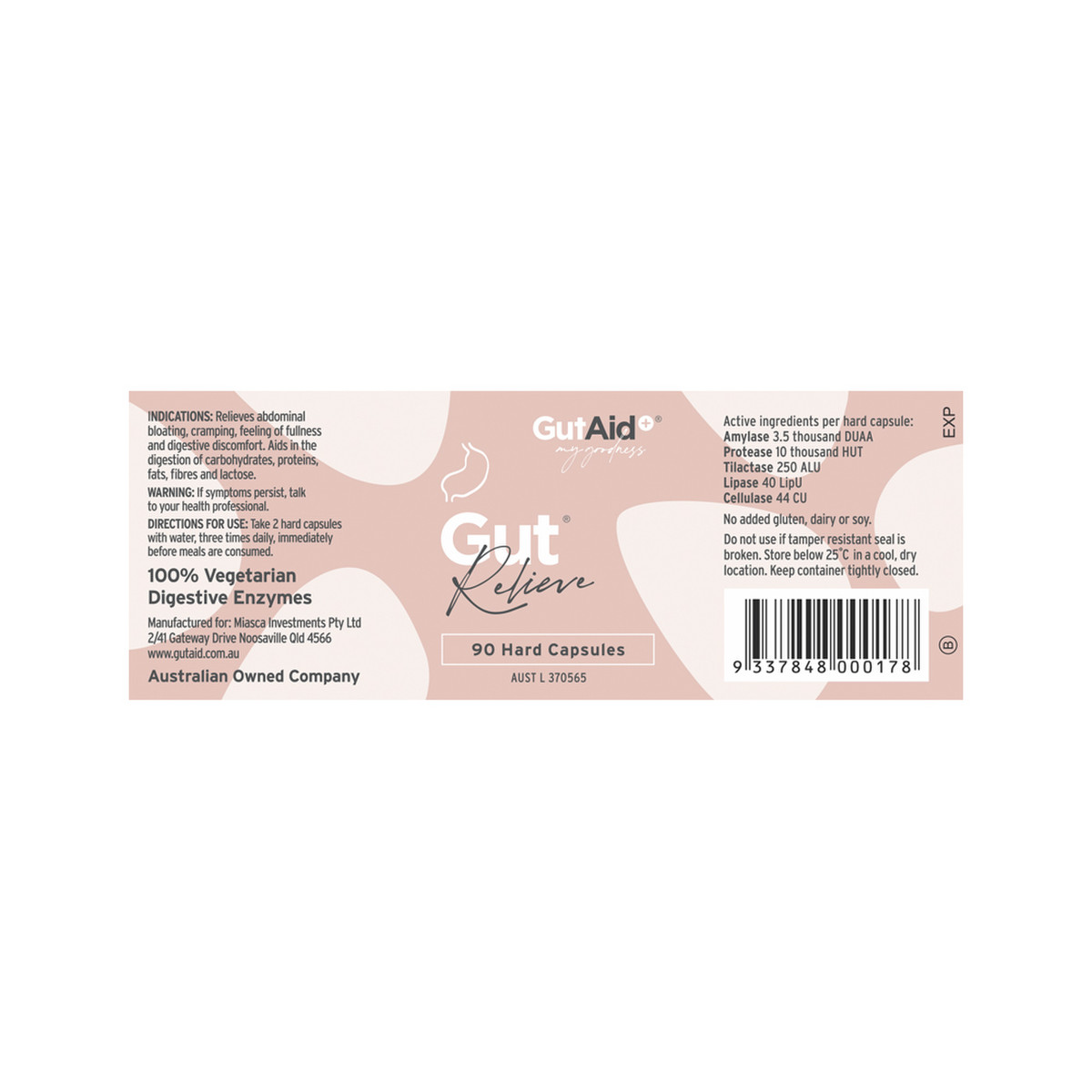 GutAid Gut Relieve 90 Capsules label with ingredients, directions and barcode