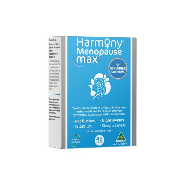 Harmony Menopause Max 45 Tablets for intense menopause relief, including hot flushes and night sweats, herbal medicine.