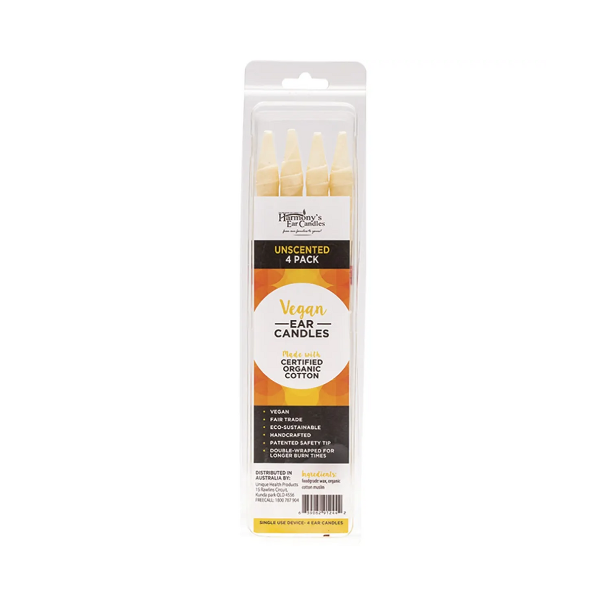 Harmony's Vegan Unscented Ear Candles 4 Pack in eco-friendly packaging for natural ear care.