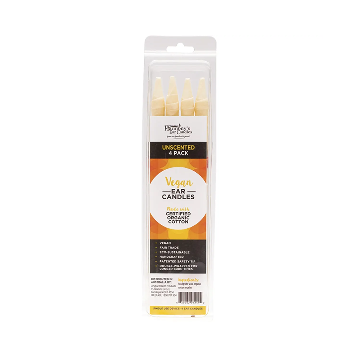 Harmony's Vegan Unscented Ear Candles 4 Pack in eco-friendly packaging for natural ear care.