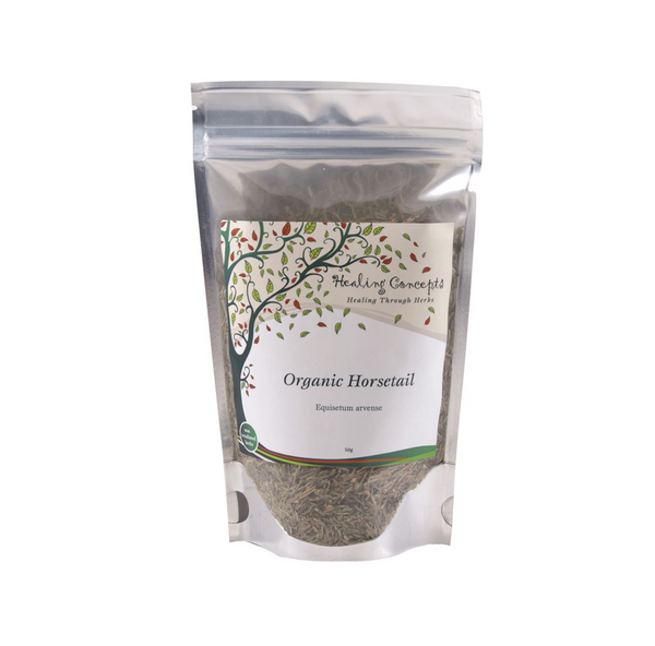 Healing Concepts Organic Horsetail 50g herbal powder package with natural design, rich in silica for skin and hair health.