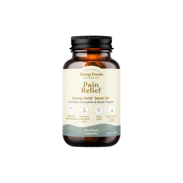 Hemp Foods Australia Pain Relief Hemp Gold Seed Oil Capsules with Turmeric & Black Pepper, 60 soft gel capsules.