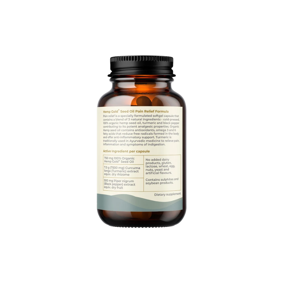 Hemp Foods Australia Pain Relief Hemp Gold Seed Oil Capsules bottle with turmeric and black pepper ingredients.