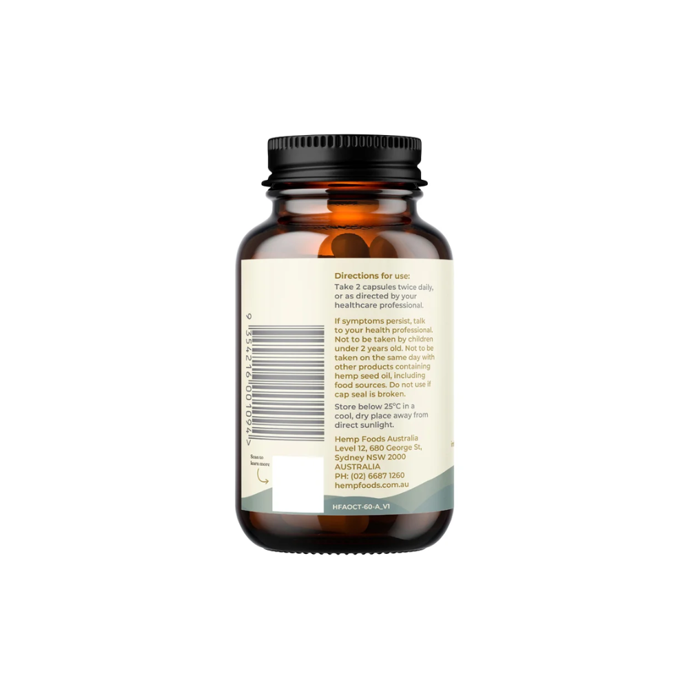 Back view of Hemp Foods Australia Pain Relief Hemp Gold Seed Oil Capsules bottle showing usage directions and ingredients.