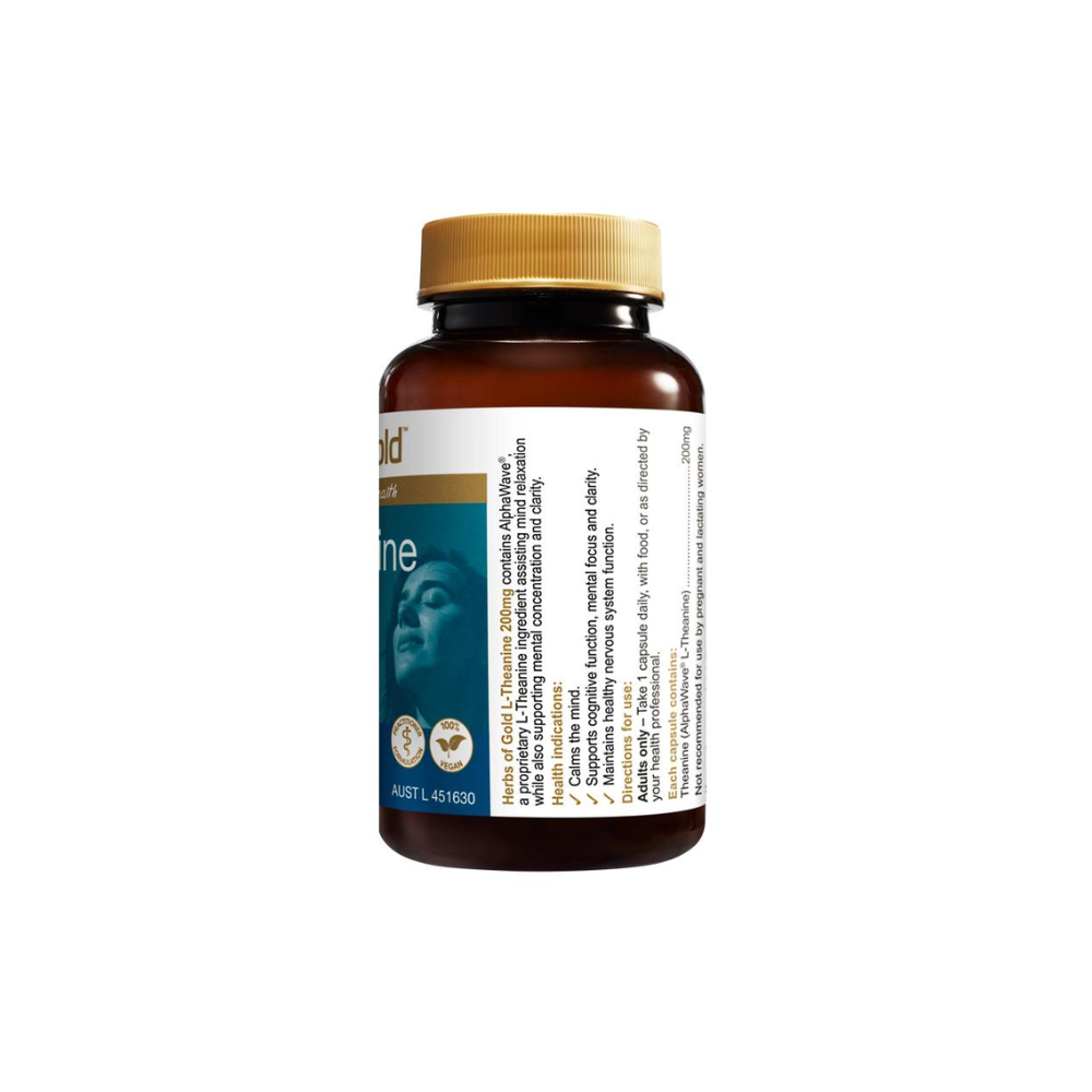 Herbs of Gold L-Theanine 200mg 30 Capsules side label