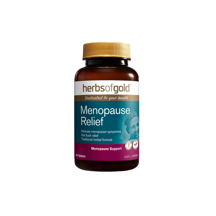 Herbs of Gold Menopause Relief 60 Tablets bottle with traditional herbal formula for menopause symptom relief