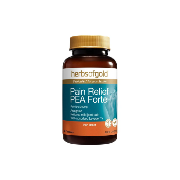 Herbs of Gold Pain Relief PEA Forte 42 Capsules bottle for natural anti-inflammatory support.