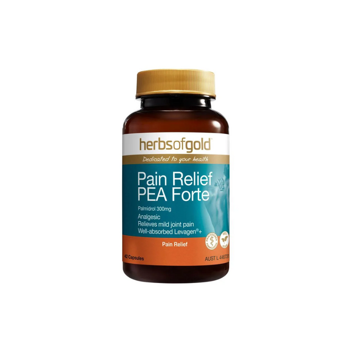 Herbs of Gold Pain Relief PEA Forte 42 Capsules bottle for natural anti-inflammatory support.