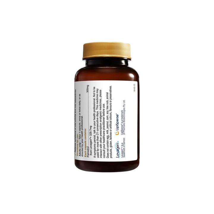 Herbs of Gold Pain Relief PEA Forte 42 capsules bottle back view, showcasing product details and ingredients.