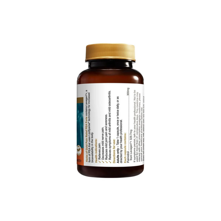 Herbs of Gold Pain Relief PEA Forte 42 Capsules bottle showing label details and golden cap.