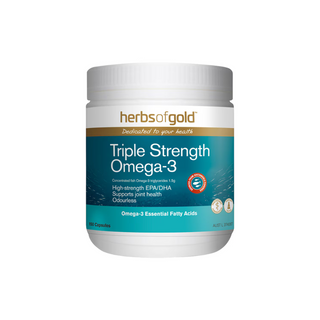 Herbs of Gold Triple Strength Omega-3 150 Capsules, rich in EPA & DHA, supports eye, skin health, and healthy blood circulation.