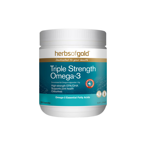 Herbs of Gold Triple Strength Omega-3 150 Capsules, rich in EPA & DHA, supports eye, skin health, and healthy blood circulation.