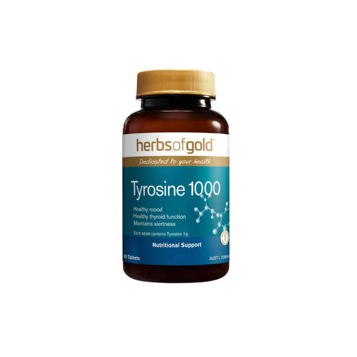 Herbs of Gold Tyrosine 1000 tablets for healthy mood, thyroid function, and alertness - 60 count bottle.