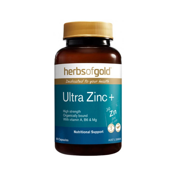 Herbs of Gold Ultra Zinc+ 60 Capsules supporting zinc absorption, wound healing, and prostate health, with vitamins A, B6, and magnesium.