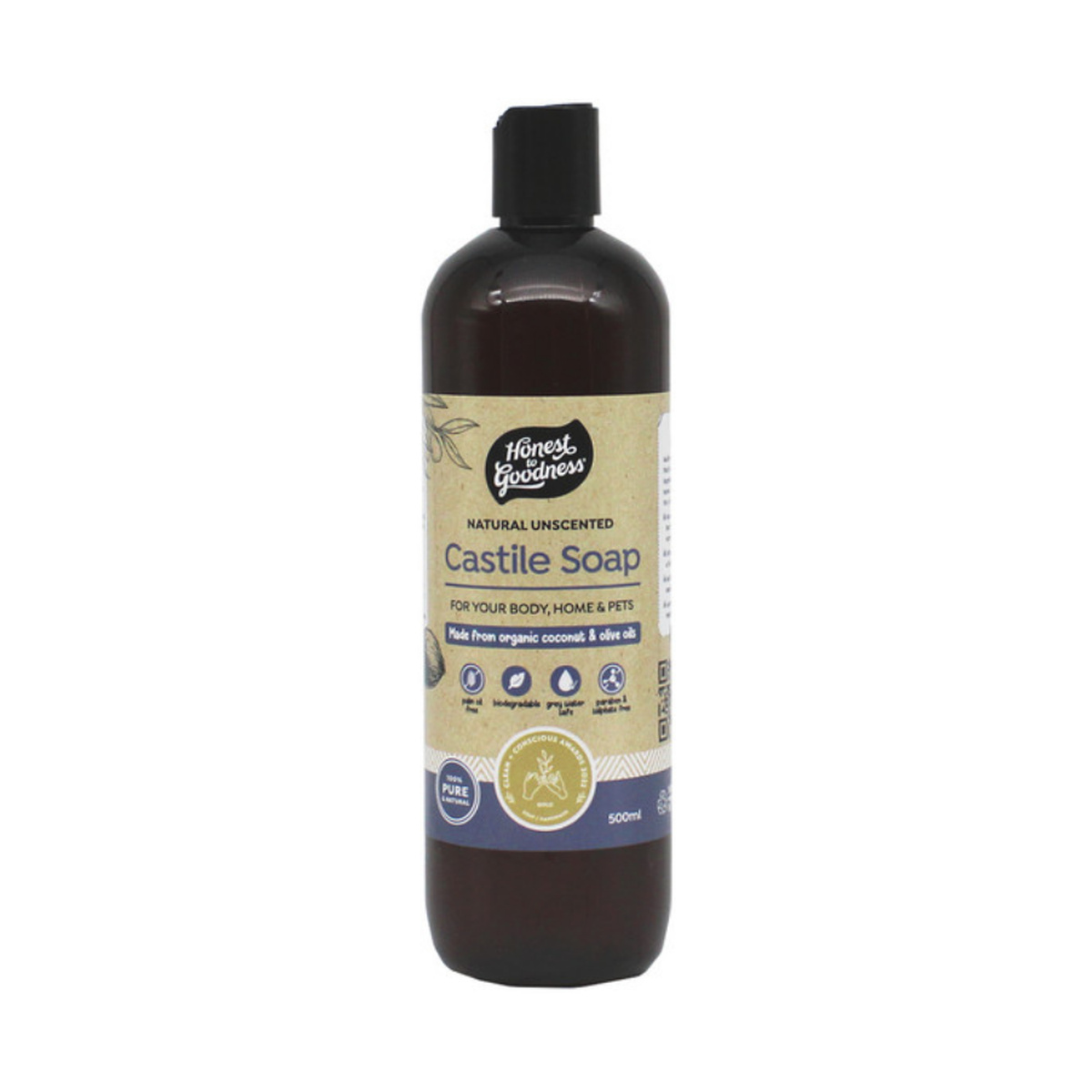 Honest to Goodness Natural Unscented Castile Soap 500ml product packshot