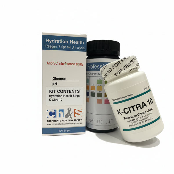 Urinary Health Kit with K-Citra-10 tablets and Hydration Health 4-panel urinalysis strips, shown together for home urinary pH support.