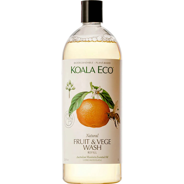 Koala Eco Mandarin Fruit & Vege Wash 1L bottle with plant-based formula to remove pesticides and impurities from produce.