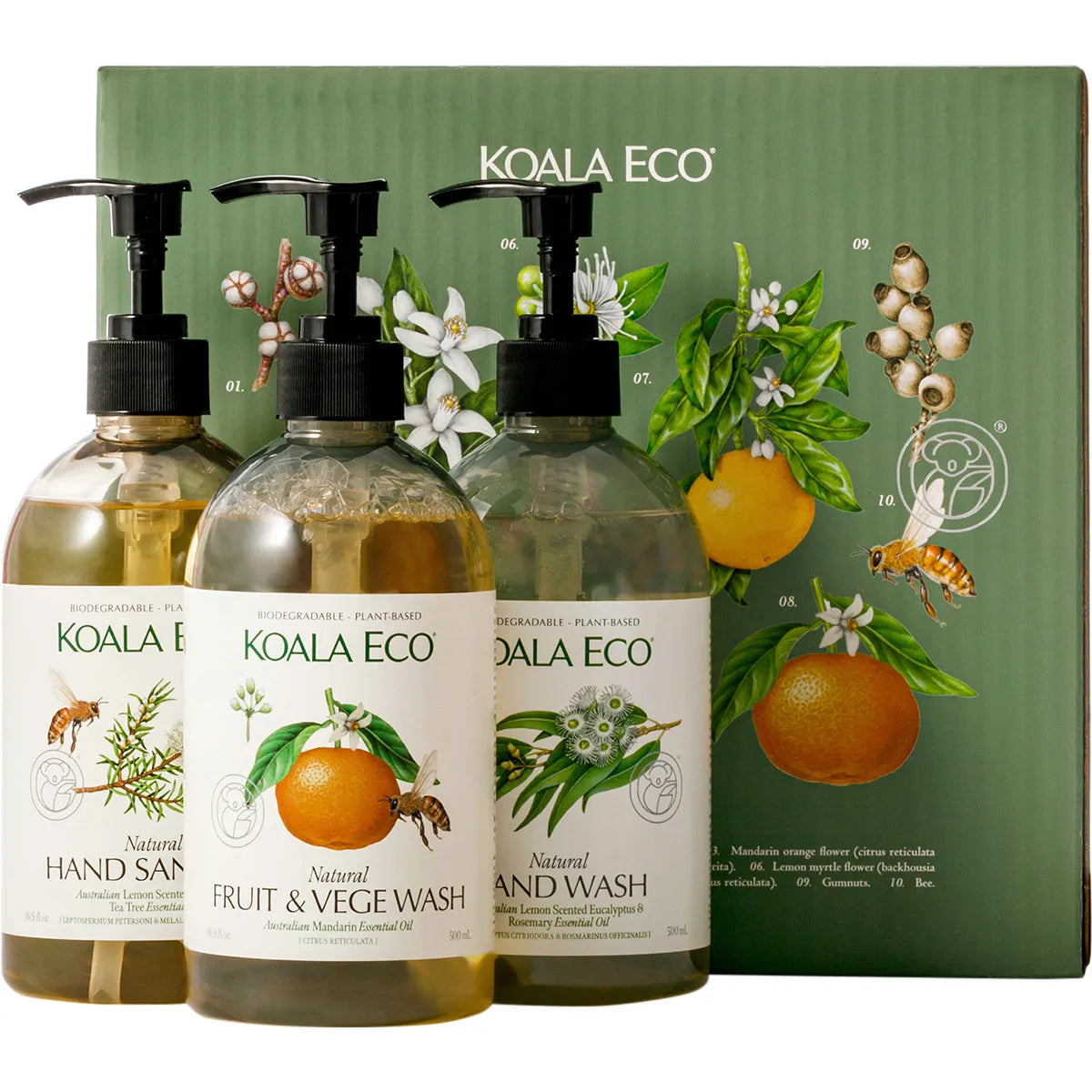 Koala Eco Gift Pack Clean & Safe Sanitiser, Hand Wash, Fruit Veg Wash 3 Pack