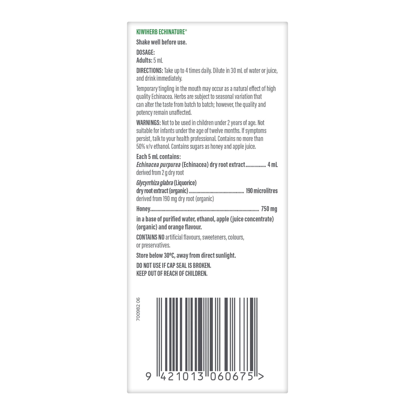 Kiwiherb Organic Echinature back panel