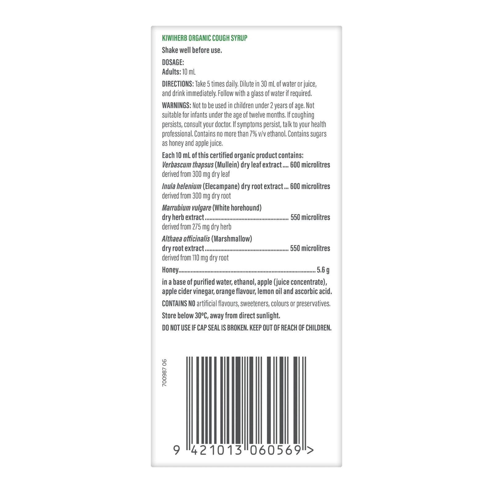 Kiwiherb Organic Cough Syrup back panel