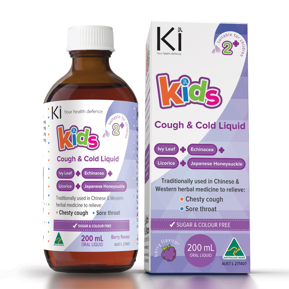 Martin & Pleasance Ki Kids Cough Cold Liquid 200ml front bottle and box