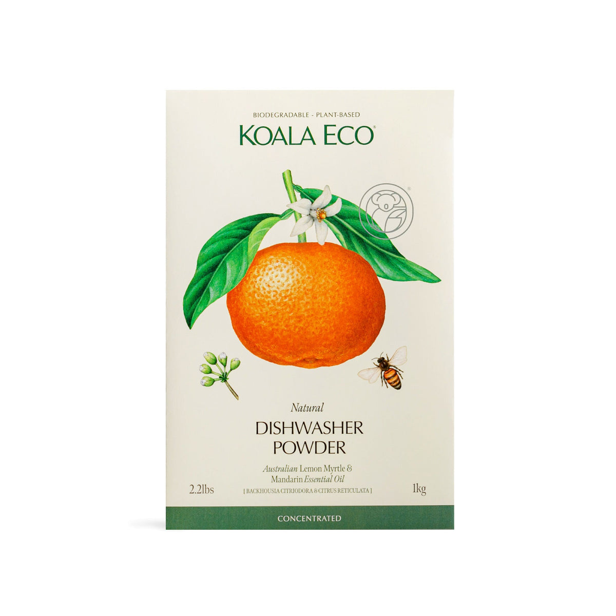 Official Koala Eco Dishwasher Powder Lemon Myrtle & Mandarin 1kg front label detail