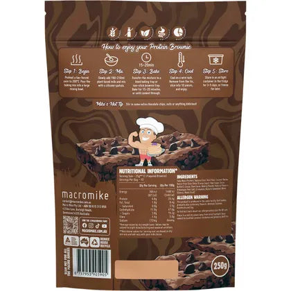 Back of Macro Mike Double Choc Chip Protein Brownie Baking Mix 250g packaging with label and nutrition information