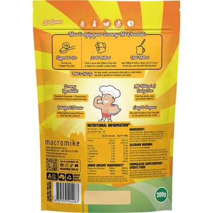 Back of Macro Mike Dreamy Hot Chocolate Golden Gaytime 200g packaging with label and nutrition information