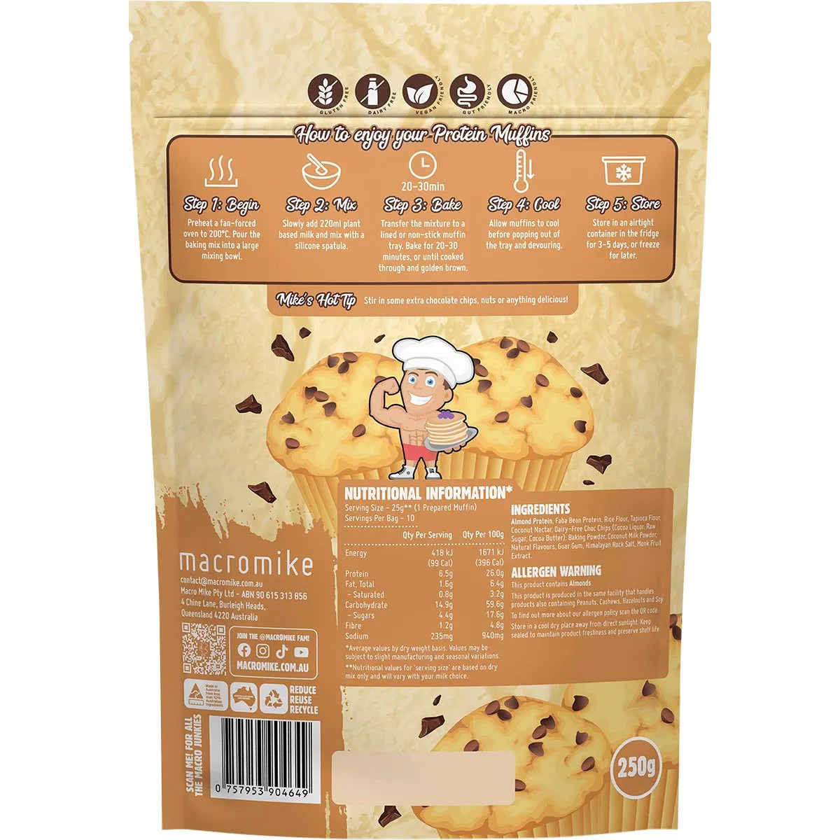 Back of Macro Mike Protein Muffin Baking Mix Choc Chip 250g package showing instructions and nutritional information.