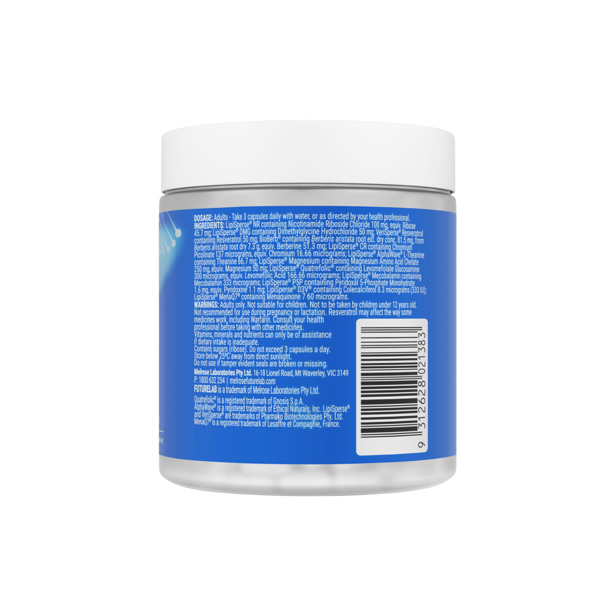 Melrose FutureLab Time Capsule Daily Longevity Complex 90 Capsules back label