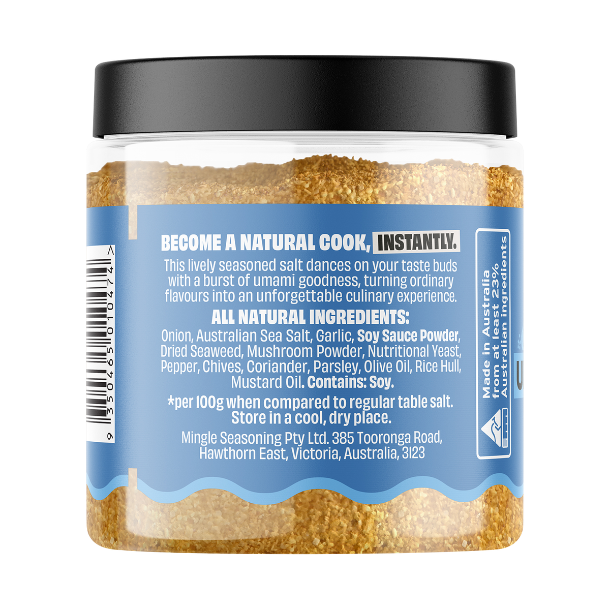 Mingle Umami Everything Seasoned Salts ingredients, directions and barcode label
