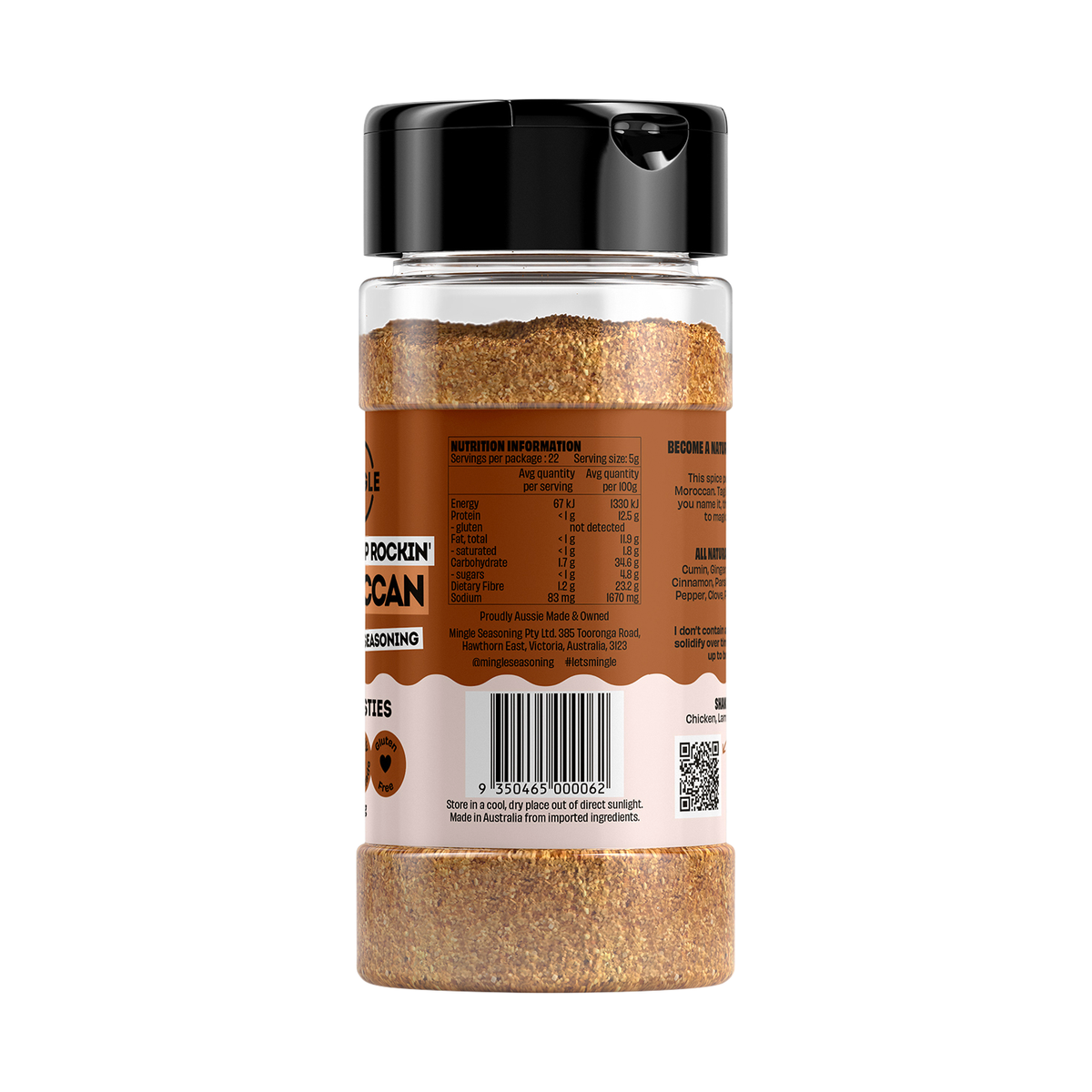 Mingle Moroccan All Natural Seasoning ingredients, directions and barcode label