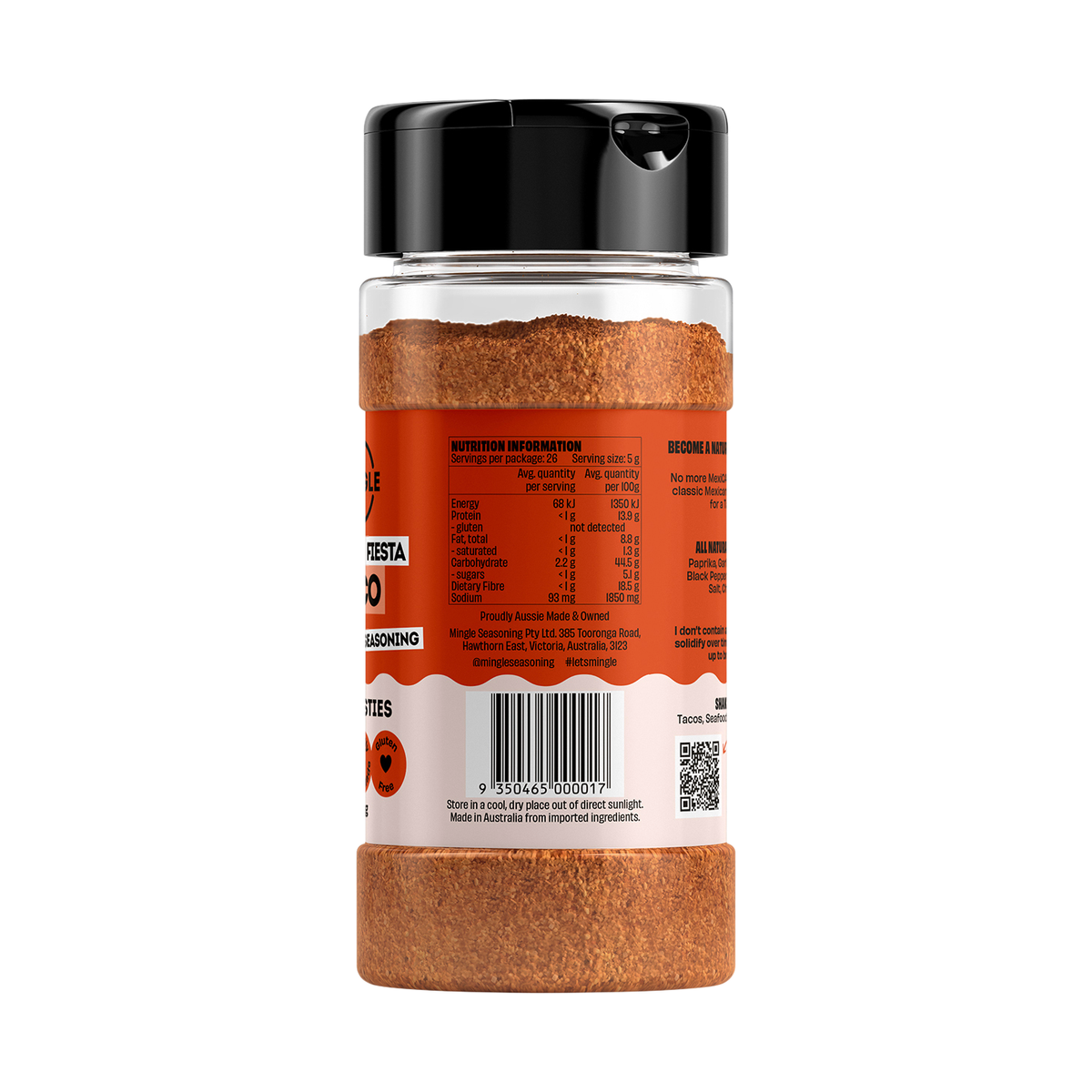 Mingle Mexican Fiesta Taco All Natural Seasoning side label with product information
