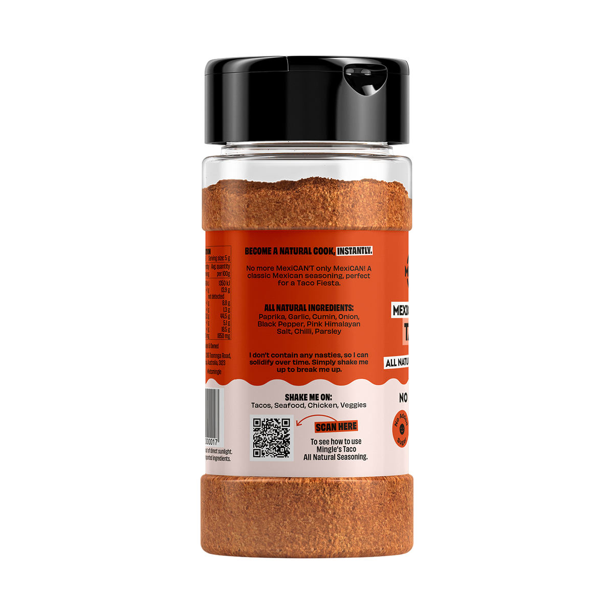 Mingle Mexican Fiesta Taco All Natural Seasoning ingredients, directions and barcode label
