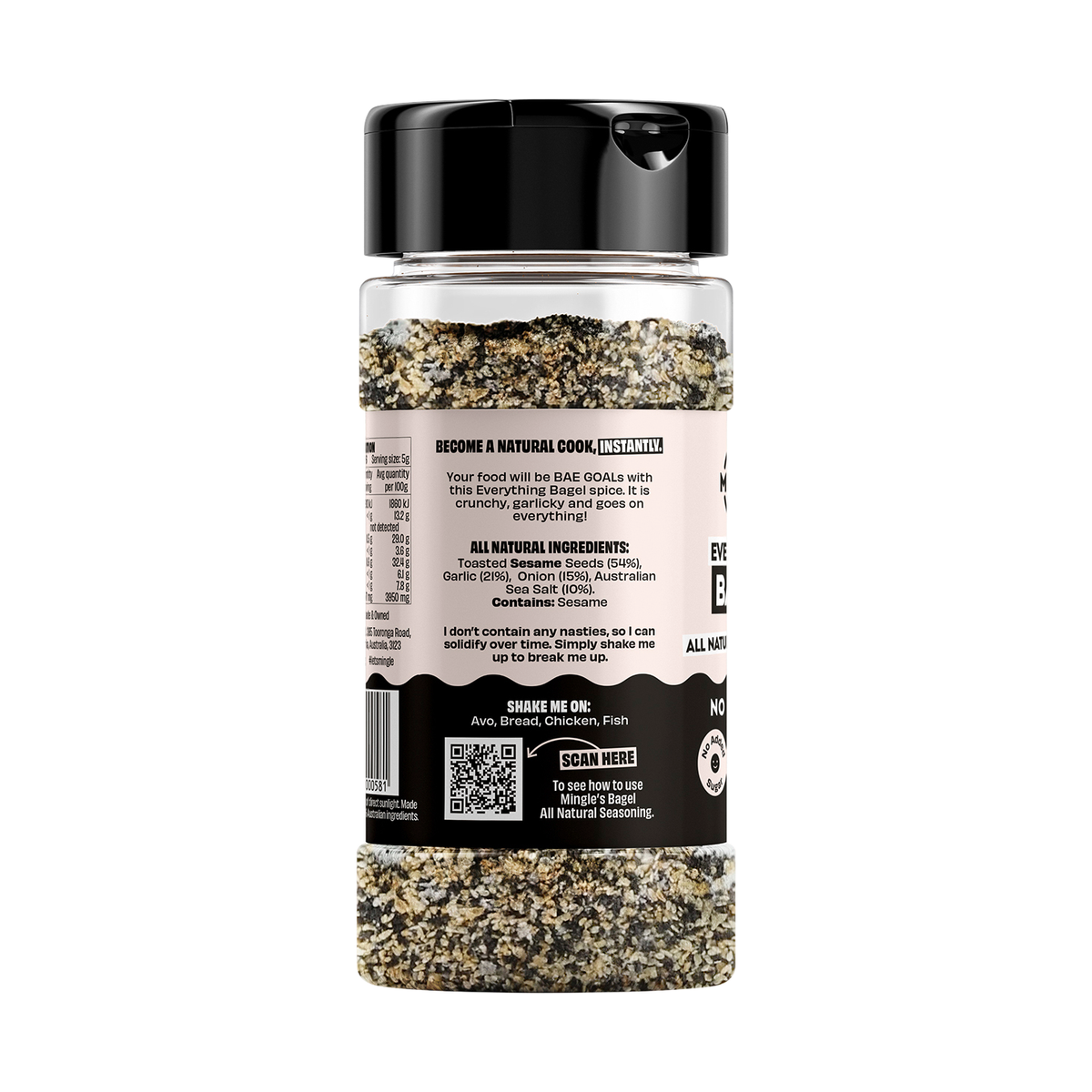 Mingle Everything Bagel All Natural Seasoning ingredients, directions and barcode label