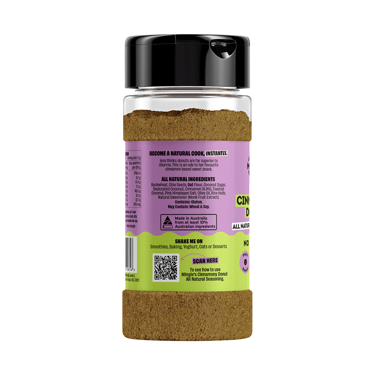 Mingle Jess' Cinnamony Donut All Natural Sweet Topper ingredients, directions and barcode label