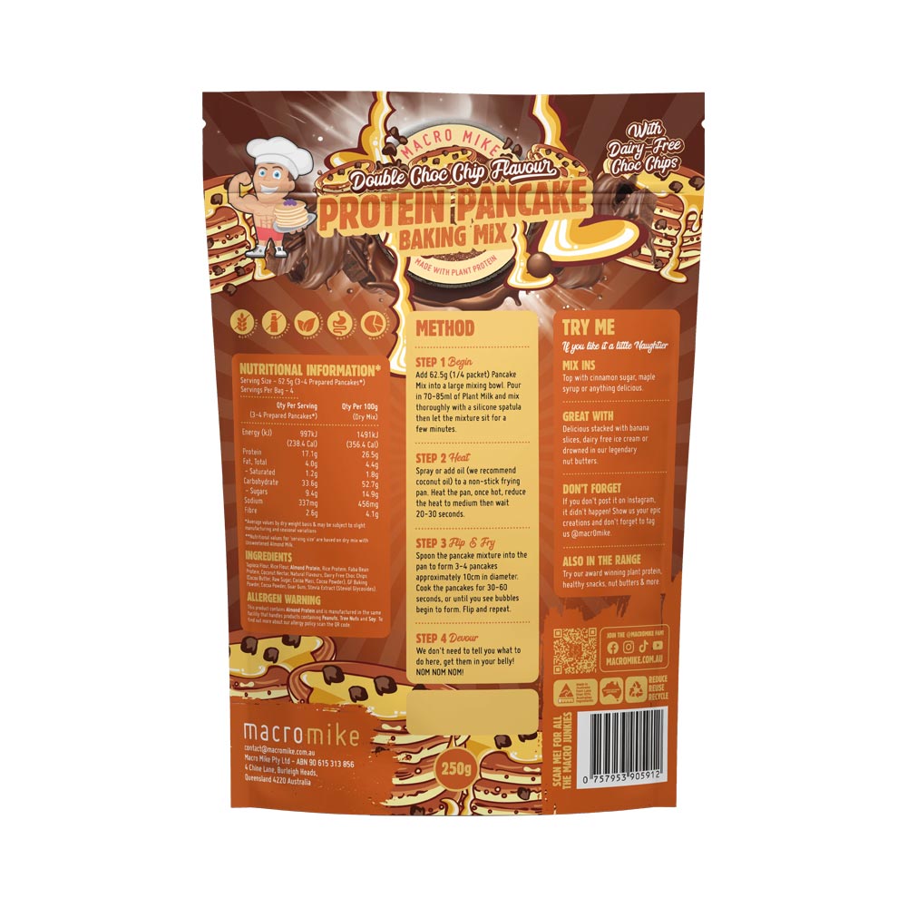 Back of Macro Mike Almond Protein Double Choc Chip Pancake Baking Mix 250g packaging with label and nutrition information