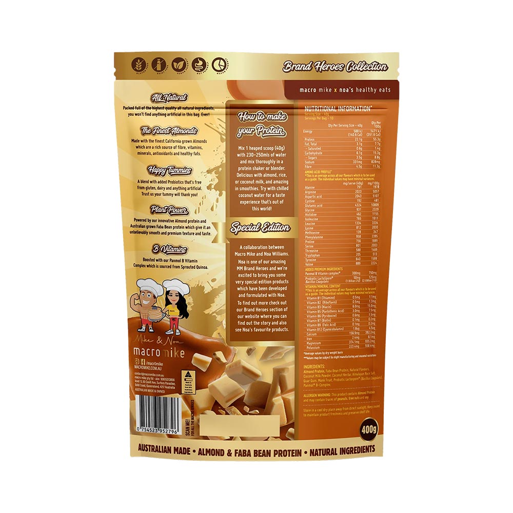 Back of Macro Mike Caramelised White Choc Premium Almond Protein 400g packaging with label and nutrition information
