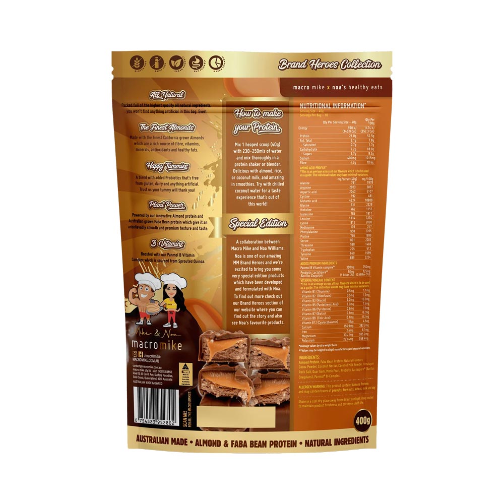 Back of Macro Mike Choc Caramel Bar Premium Almond Protein 400g packaging with label and nutrition information