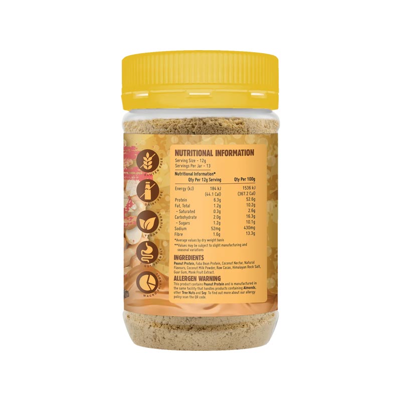 Back of Macro Mike V2 Choc Hazelnut Powdered Peanut Butter 156g packaging with label and nutrition information